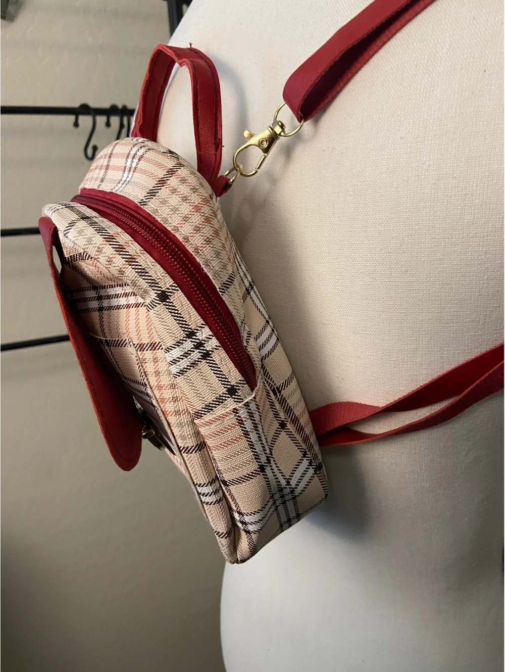 Hello Kitty Mini Backpack Plaid Red Faux Leather Accent Y2k